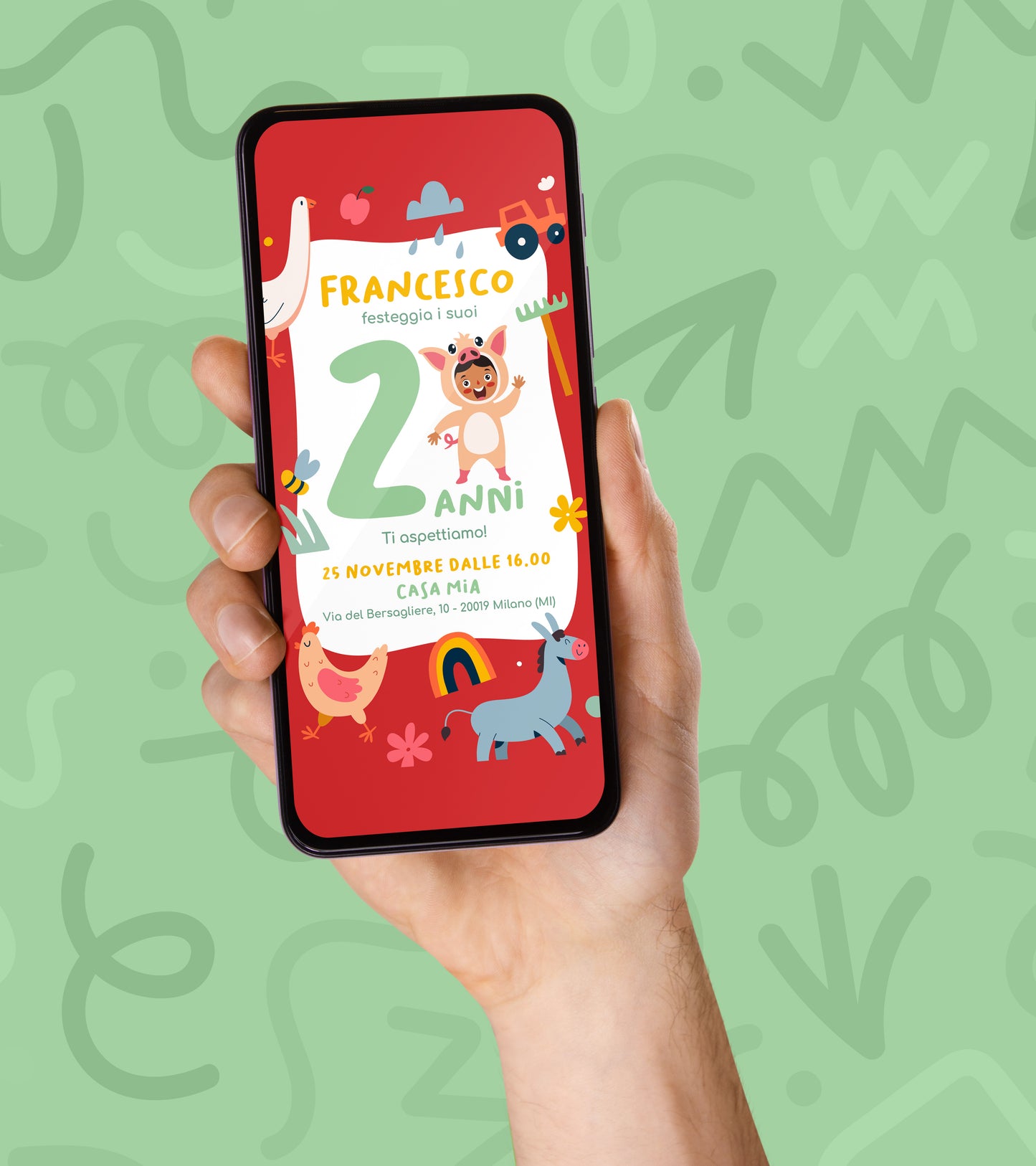 Invito Compleanno WhatsApp Personalizzato a Tema Fattoria - Rosso