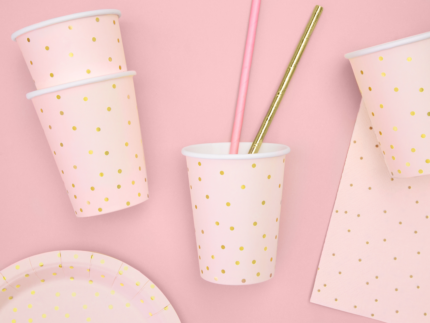 6 bicchieri in carta - Rosa baby e pois dorati