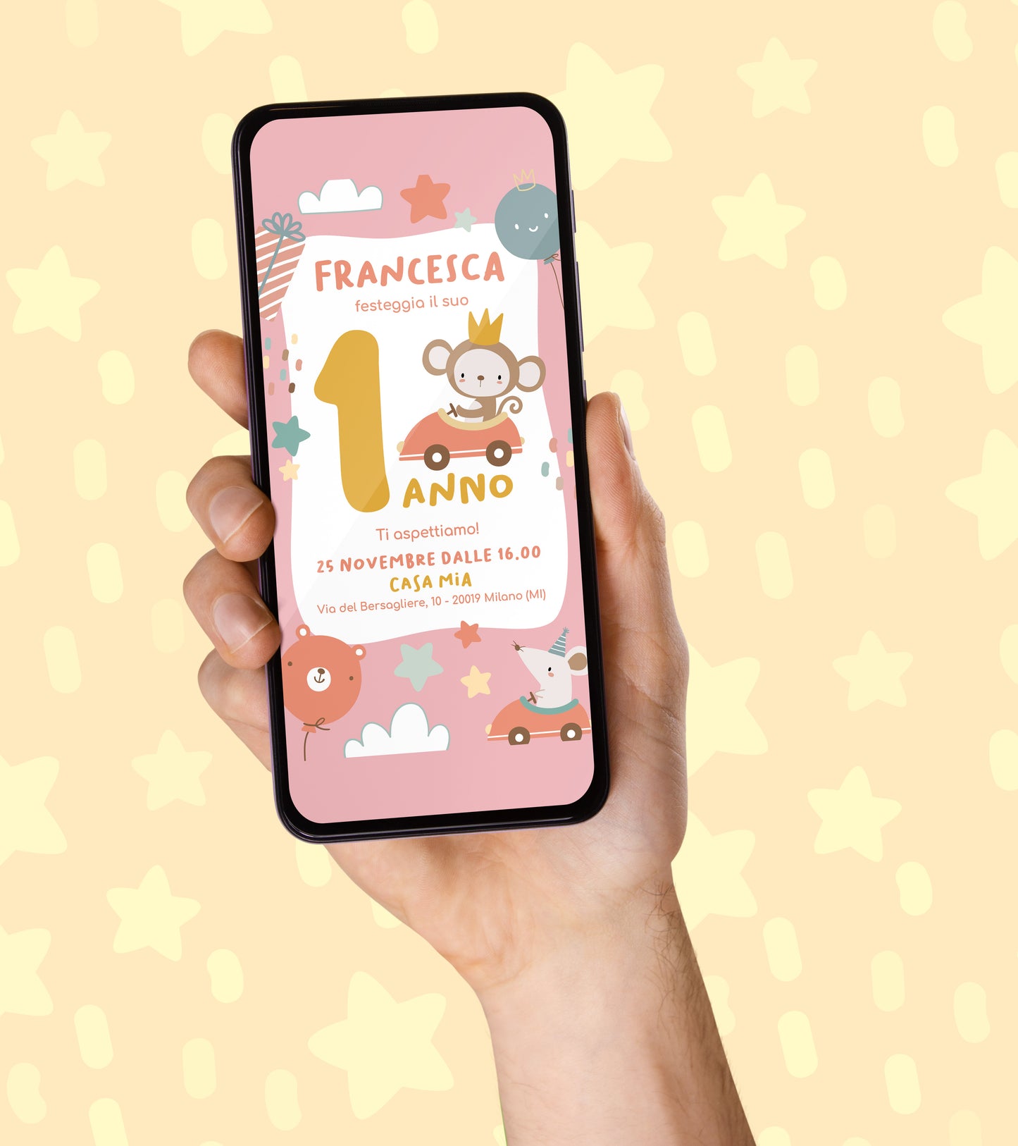 Invito Compleanno WhatsApp Personalizzato per il 1° Compleanno - Rosa