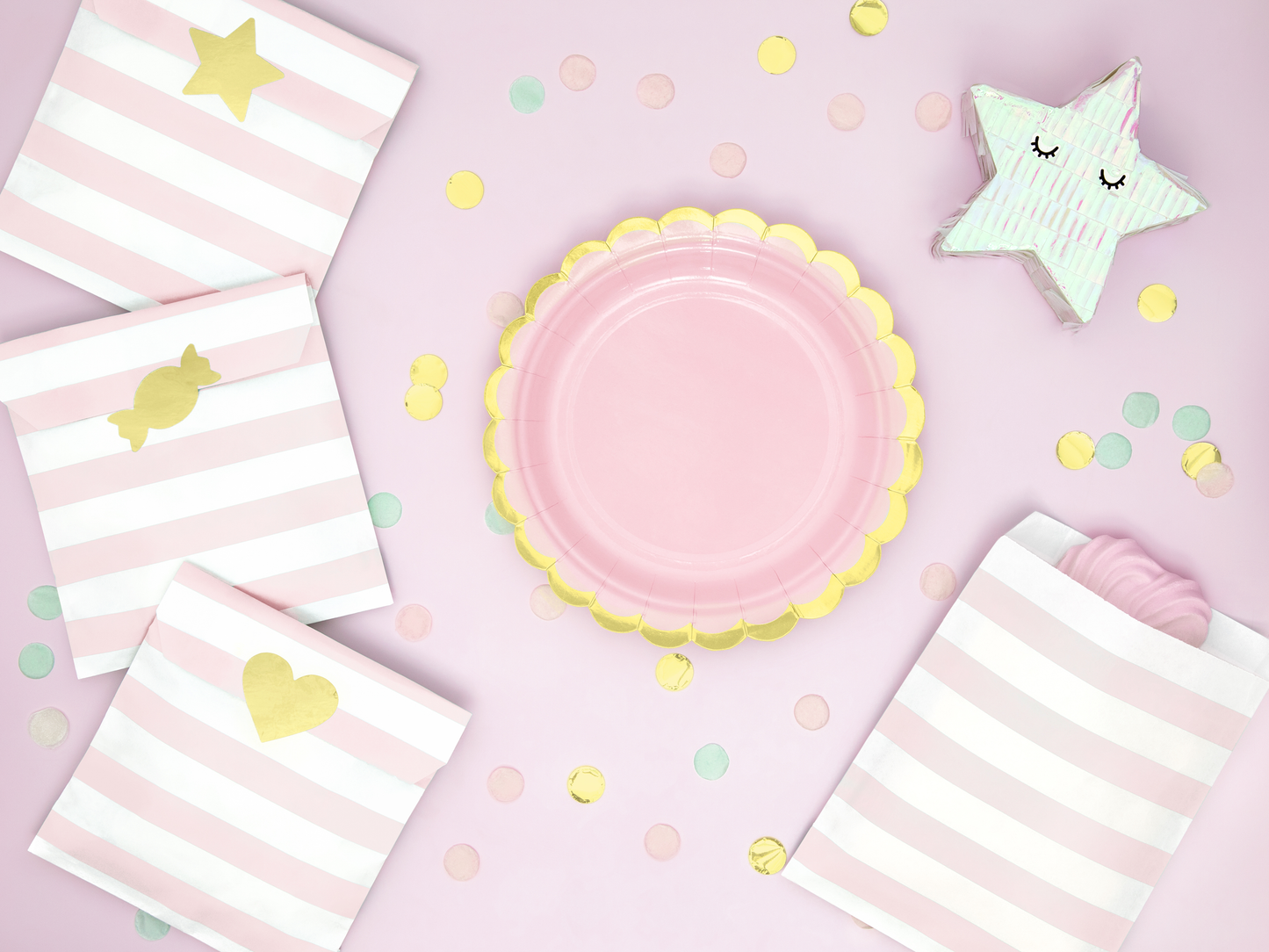 6 piattini in carta - Rosa baby - dettaglio oro