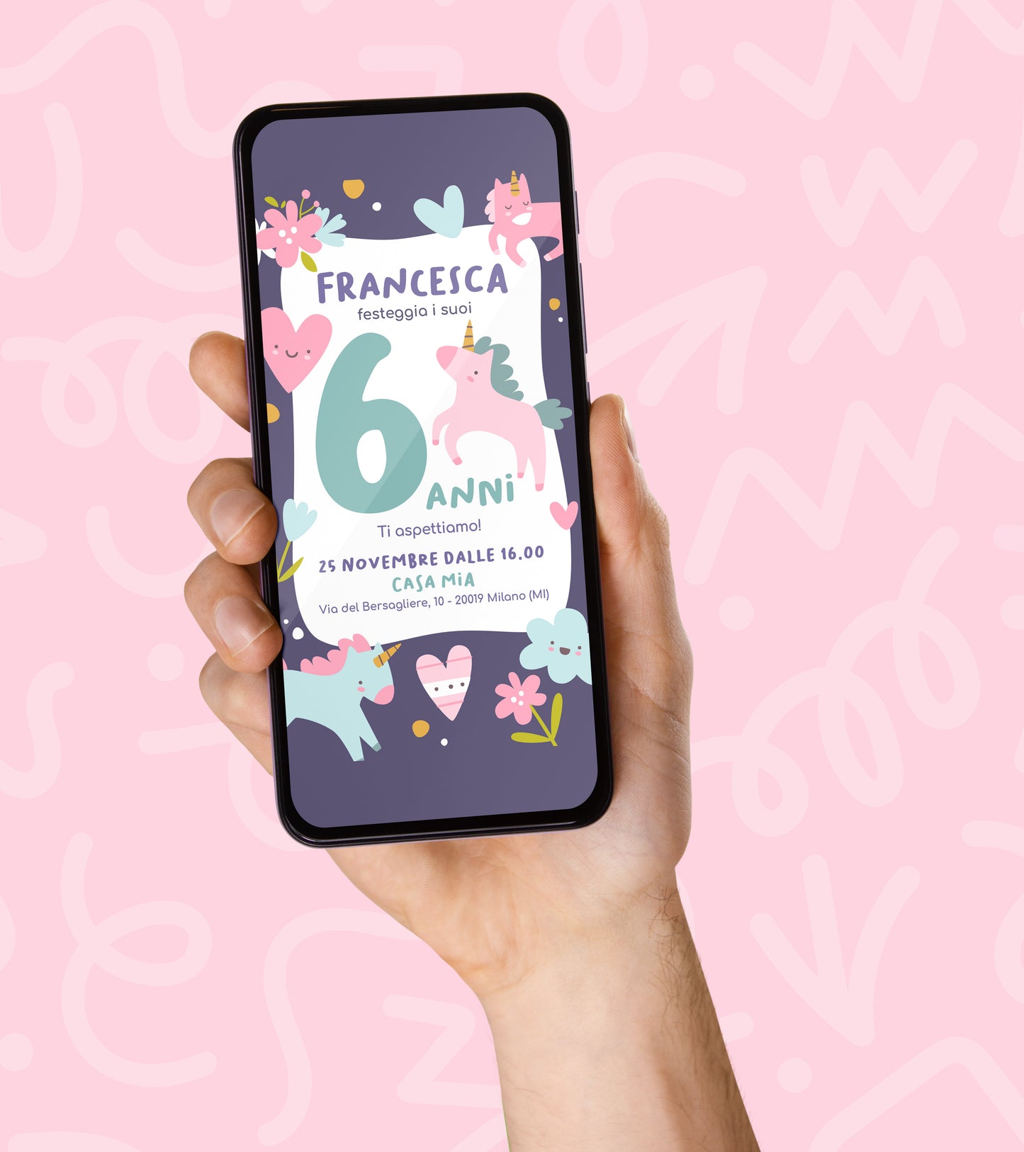 Invito Compleanno WhatsApp Personalizzato a Tema Unicorno
