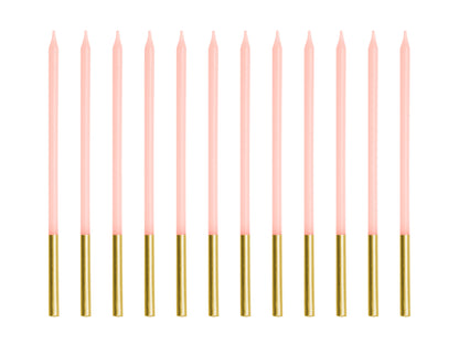 12 candeline lunghe 14 cm- rosa pastello  e oro