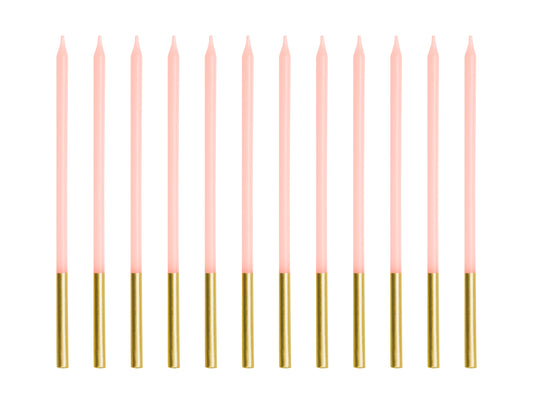 12 candeline lunghe 14 cm- rosa pastello  e oro