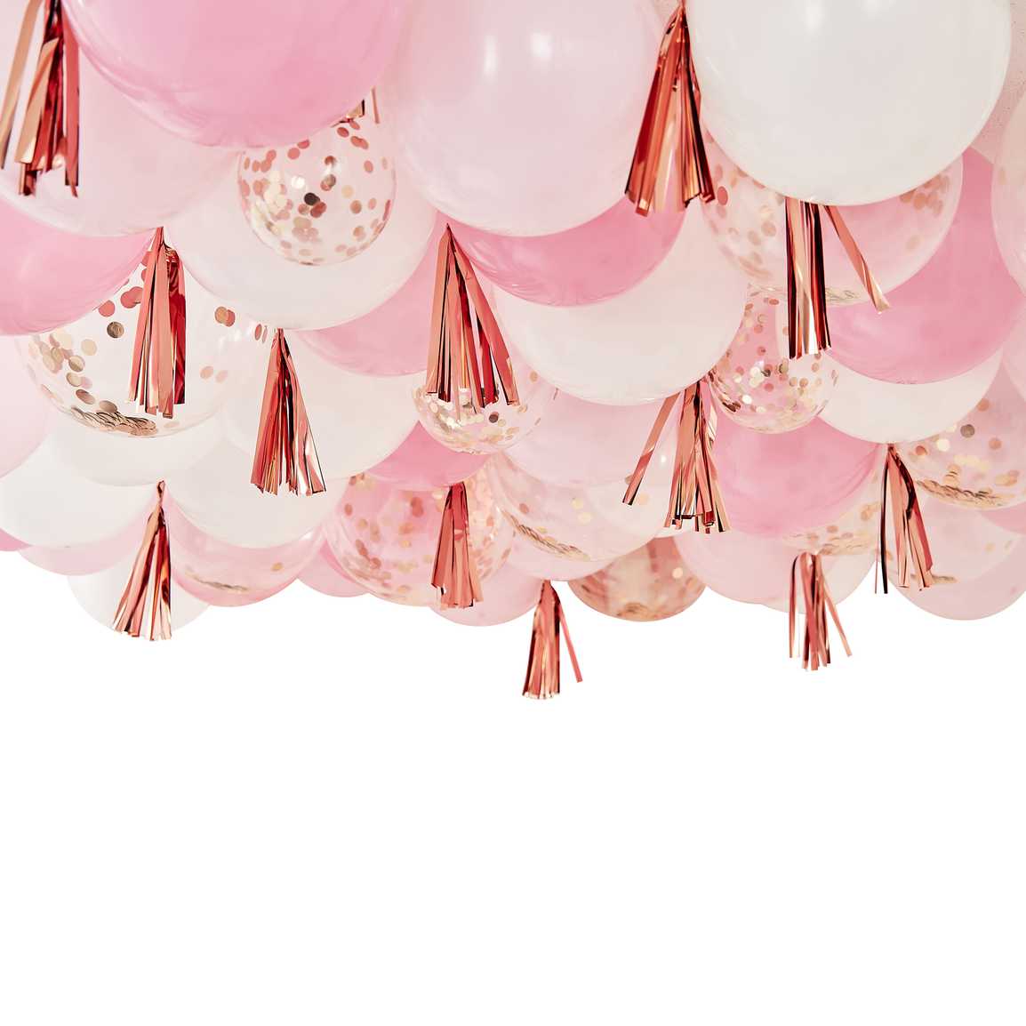 Arco di palloncini a soffitto - rosa e oro rosa con backdrop