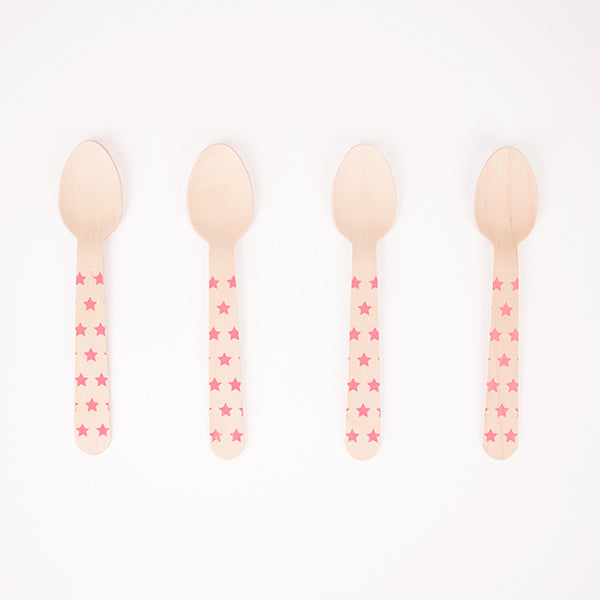 8 cucchiai in legno - stampa stelle rosa